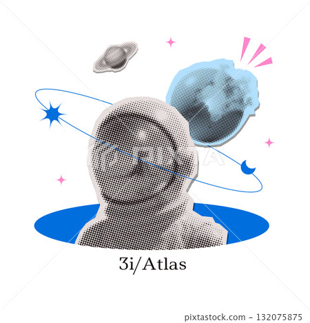3i-atlas halftone collage banner. Vector illustration of space, cosmonaut and galaxy for poster, banner or background. Abstract drawings of the future, science fiction and astronomy. Isolated Vector 3i-atlas halftone collage banner. Vector illustration of space, cosmonaut and galaxy for poster, banner or background. Abstract drawings of the future, science fiction and astronomy. Isolated Vector 132075875