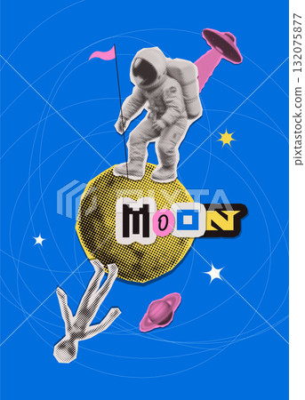 Space surreal collage poster With An Astronaut and Alien on the moon in outer space. Humor funny Concept . Flat vector illustration with torn out paper stickers and letters. 132075877