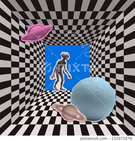 Vintage surreal Space poster design template in trendy y2k style with acid colors, grid pattern and planet sticker with alien character. Vector 2000s aesthetic banner 132075879