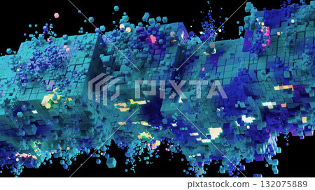 Futuristic digital cubes explosion, neon light and abstract 3D blocks structure Futuristic digital cubes explosion, neon light and abstract 3D blocks structure 132075889