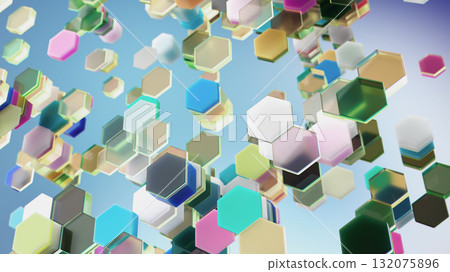 Colorful glowing 3D hexagons floating in abstract futuristic digital space Colorful glowing 3D hexagons floating in abstract futuristic digital space 132075896