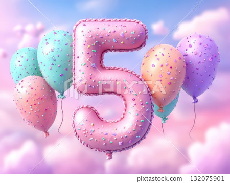 Party balloons, number 5 with vibrant pink tones, ideal for event decor. Perfect for kids celebration and fun themes, highlighting the festive five balloon look. 132075901