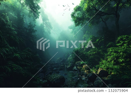 Tropical forest jungle, dense green canopy with fog, great for nature themes. Perfect for wildlife and adventure visuals, showcasing the rich wilderness atmosphere. 132075904