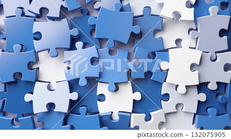 Blue and white puzzle pieces scattered in 3D illustration background 132075905
