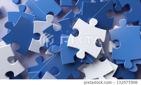 Blue and white puzzle pieces close-up in 3D abstract background 132075906