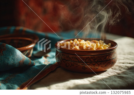 Steaming pasta in a traditional bowl 132075985
