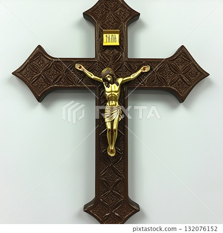Wooden cross with a gold cross on it and a man in the middle of it 132076152
