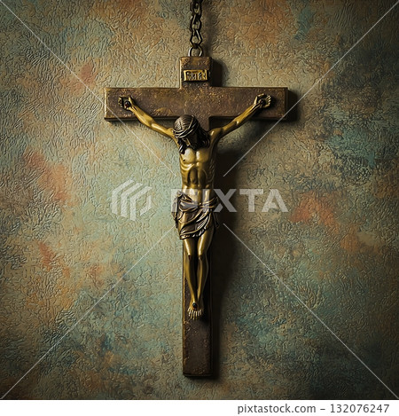 Crucifix is suspended from a chain 132076247