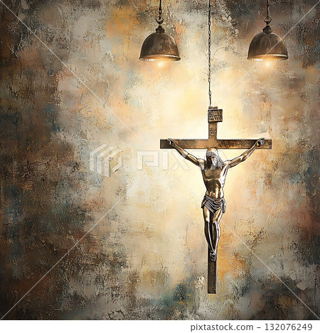 Crucifix hangs above a light fixture 132076249