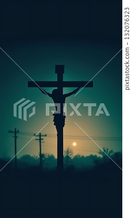 Silhouette of Jesus Christ is shown in a dark sky 132076323