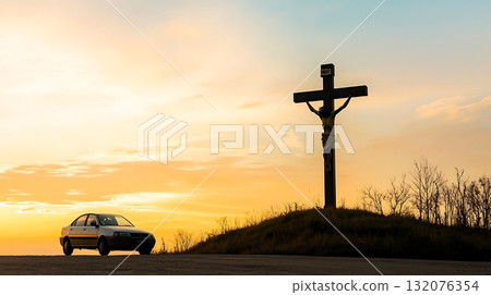 Car is parked on a hill next to a cross Car is parked on a hill next to a cross 132076354