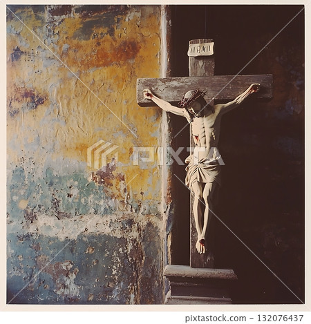 Wooden cross with a man on top of it 132076437
