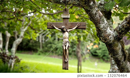 Crucifix is hanging from a tree 132076464