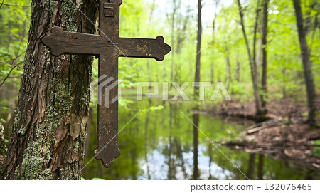 Cross is hanging from a tree in a forest 132076465