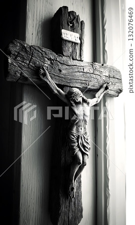 Wooden cross with a man on it 132076469
