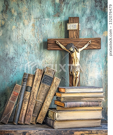 Cross is on top of a stack of books Cross is on top of a stack of books 132076479