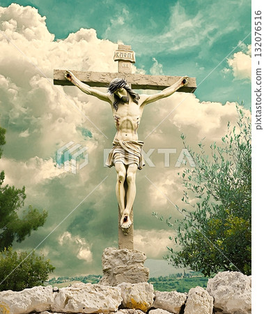 Statue of Jesus Christ is depicted in the sky with clouds Statue of Jesus Christ is depicted in the sky with clouds 132076516
