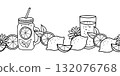 Lemonade seamless doodle border with jars, glasses, citrus fruits, and flowers. Refreshing summer vector pattern for drink or cafe design. 132076768