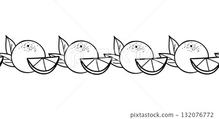Seamless doodle border with orange fruits and slices. Fresh citrus fruit vector line pattern for summer, juice, or kitchen design. 132076772