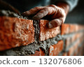 Skilled craftsman laying bricks with mortar in construction project 132076806