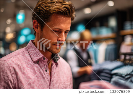 Man shopping for clothing in retail store with colorful apparel displays 132076809