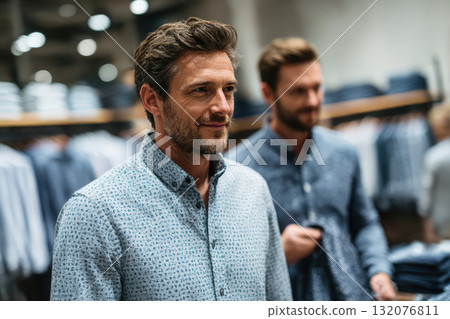 Stylish man shopping for shirts in modern clothing store with racks 132076811