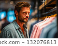 Man shopping for clothing in retail store with colorful shirts displayed 132076813