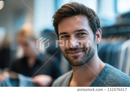 Smiling man in casual attire shopping in modern clothing store environment 132076817