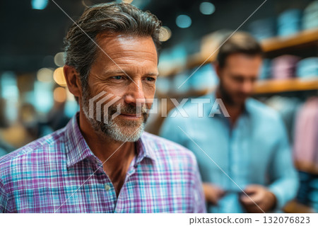 Mature man shopping for clothing in stylish retail store environment 132076823
