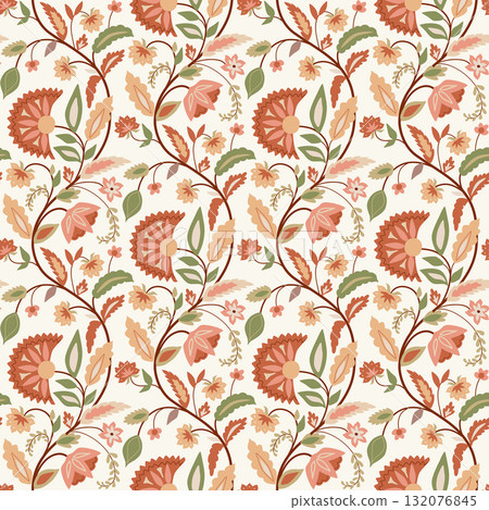Floral modern boho floral seamless pattern. Vector hand drawn flowers and leaves in damask ornament, Morris wallpaper Floral modern boho floral seamless pattern. Vector hand drawn flowers and leaves in damask ornament, Morris wallpaper 132076845