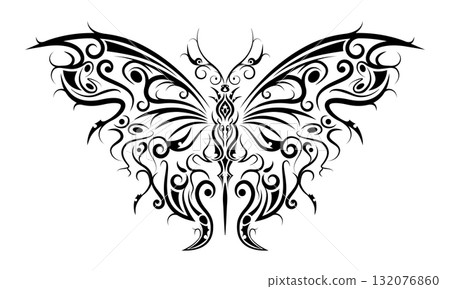 Gothic butterfly, high detailed cybersigilism illustration of butterfly combining neo-tribal, and futuristic influences. Good for tattoos, dark art posters, fashion designs, album covers. Vector 132076860