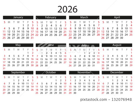 2026 Full-Year Calendar With Highlighted Weekends and Bold Month Headers. 2026 Full-Year Calendar With Highlighted Weekends and Bold Month Headers. 132076948