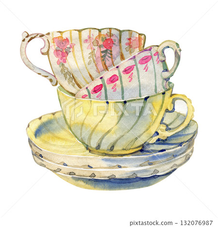 Party colorful tea cups closeup. Sketch handmade. Postcard for Valentine's Day. Watercolor illustration. Party colorful tea cups closeup. Sketch handmade. Postcard for Valentine's Day. Watercolor illustration. 132076987