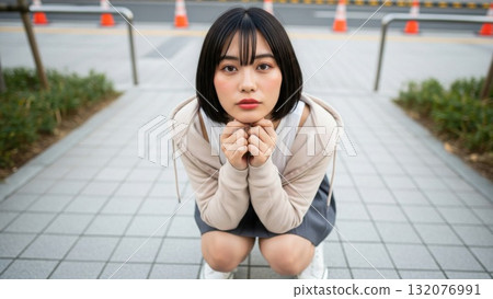 一名女子蹲在街上，目光專注 132076991