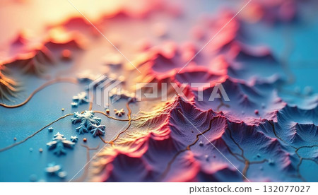 Abstract 3D topographic map with mountain formations in soft pastel colors, highlighting terrain variations in color hues. Generated AI 132077027