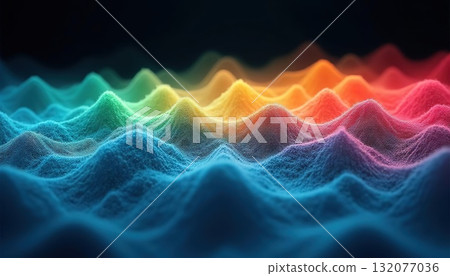 Abstract colorful wave pattern with textured peaks in a dark background, resembling a rainbow landscape. Generated AI Abstract colorful wave pattern with textured peaks in a dark background, resembling a rainbow landscape. Generated AI 132077036