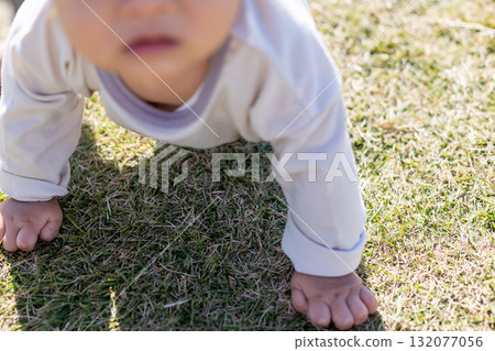 Baby crawling high on the lawn Baby crawling high on the lawn 132077056