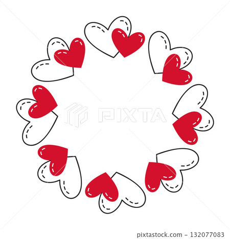 Red and white hearts arranged in circular wreath shape. Simple flat vector design Red and white hearts arranged in circular wreath shape. Simple flat vector design 132077083