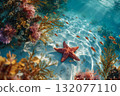 Underwater scene with red starfish on sandy ocean floor surrounded by small orange fish, coral formations, and seaweed illuminated by sunlight with copy space 132077110