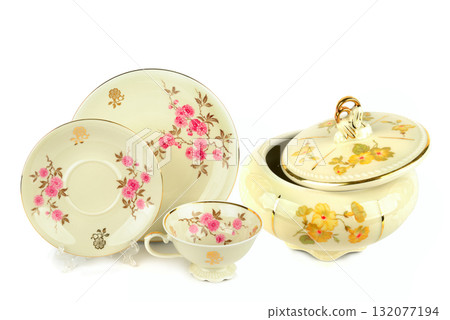 Collectible Old-Fashioned Sugar Bowl, Cup, and Saucers with Gilt Trim Collectible Old-Fashioned Sugar Bowl, Cup, and Saucers with Gilt Trim 132077194