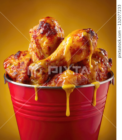 bucket full of golden-brown, crispy fried or grilled chicken pieces (wings and drumsticks), heavily coated in a rich, dripping yellow sauce, set against a golden yellow background. 132077233