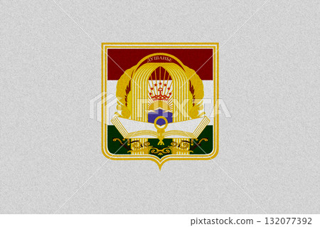 The official flag of Dushanbe, the capital of Tajikistan, on fabric texture. Conceptual collage. Illustration 132077392