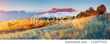Picture of a scenic valley in morning light. Location Crimean peninsula. Picture of a scenic valley in morning light. Location Crimean peninsula. 132077432