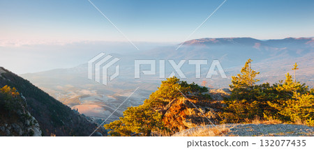Picture of a scenic valley in morning light. Location Crimean peninsula. Picture of a scenic valley in morning light. Location Crimean peninsula. 132077435