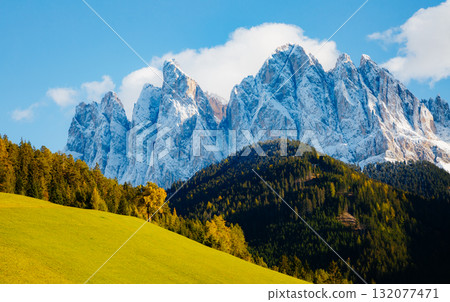 Magic image of sunny hills in St. Magdalena village. Location Funes valley, Dolomiti Alps. Province of Bolzano, South Tyrol, Italy. Europe. 132077471
