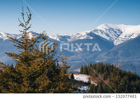 Scenic image of snowy peaks in the sunlight. Location Carpathian national park. Scenic image of snowy peaks in the sunlight. Location Carpathian national park. 132077481