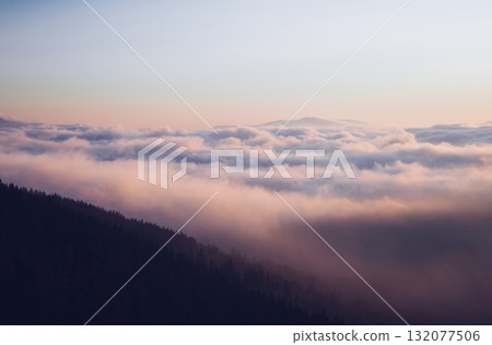 Scenic image of misty valley. Locations Carpathian national park, Ukraine. Scenic image of misty valley. Locations Carpathian national park, Ukraine. 132077506