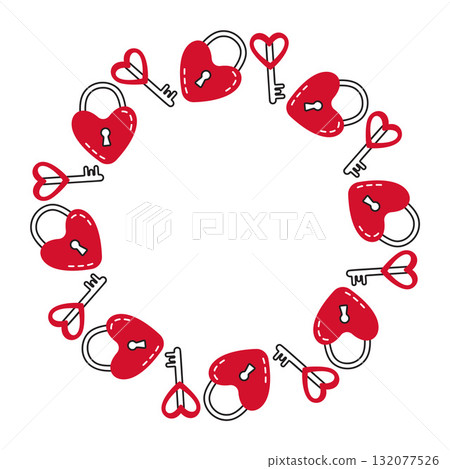 Red lock and key in circular wreath shape. Simple flat vector design Red lock and key in circular wreath shape. Simple flat vector design 132077526