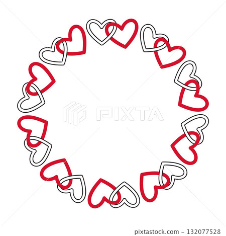 Red and white hearts arranged in circular wreath shape. Simple flat vector design 132077528