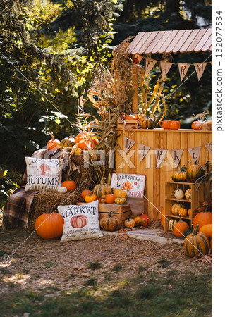 Cozy Autumn Harvest Scene with Pumpkins and Rustic Farm Market Stand Cozy Autumn Harvest Scene with Pumpkins and Rustic Farm Market Stand 132077534